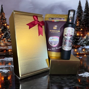 175g 88% Arabica – 12% Robusta szemes kávé + karamell desszertszirup arany díszdobozban