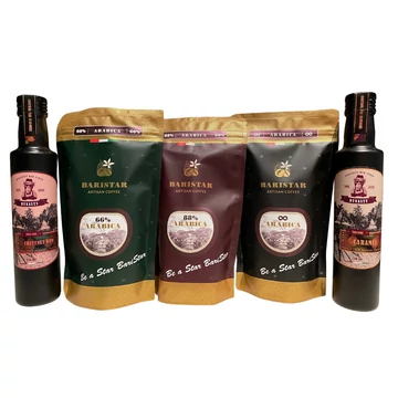 3db 175g-os Natúr Kávé ( 66% Arabica, 88% Arabica, 100% Arabica) + 2db 250 ml szirup ( rumos gesztenye, karamell )